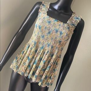 Jane and Delancey Blue Green Tan & Yellow Floral Smocked Blouse Top